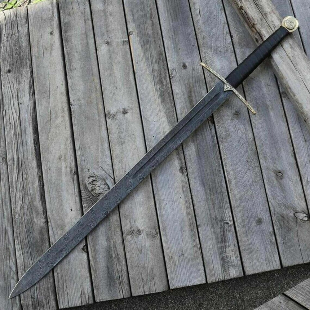 Hand Forged Damascus Viking Long Sword Leather Grip Cosplay Prop Gift For Collectors 0