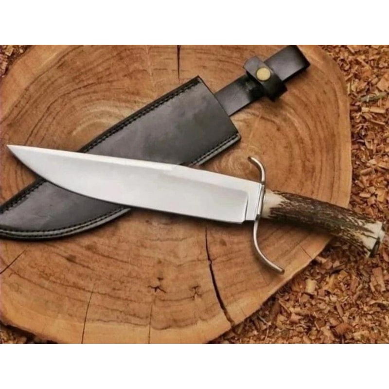 Handmade Bowie Hunting Knife Stag Antler Handle Leather Sheath Gift For Hunters 1