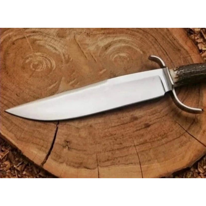 Handmade Bowie Hunting Knife Stag Antler Handle Leather Sheath Gift For Hunters 0