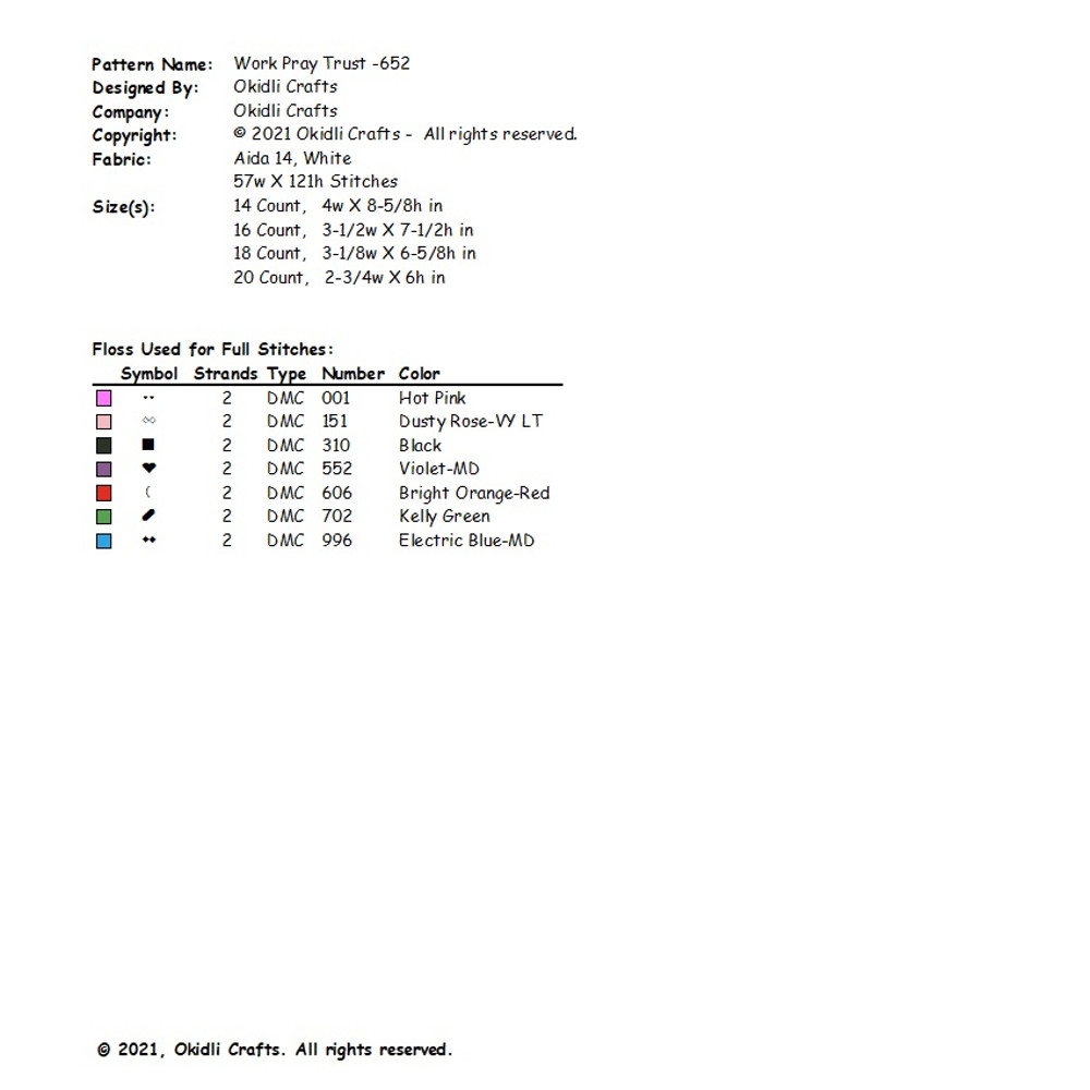 Work Pray Trust Cross Stitch Pattern 652 2