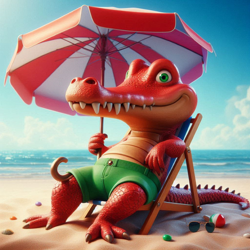 Red Crocodile Relaxing On The Beach Crypto Art Digital Art Bright Color Illustration File PNG 0