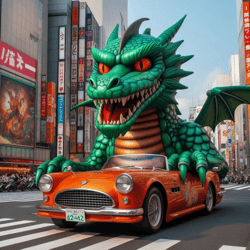 green dragon rides yellow limousine crypt art digital art bright color illustration file png.