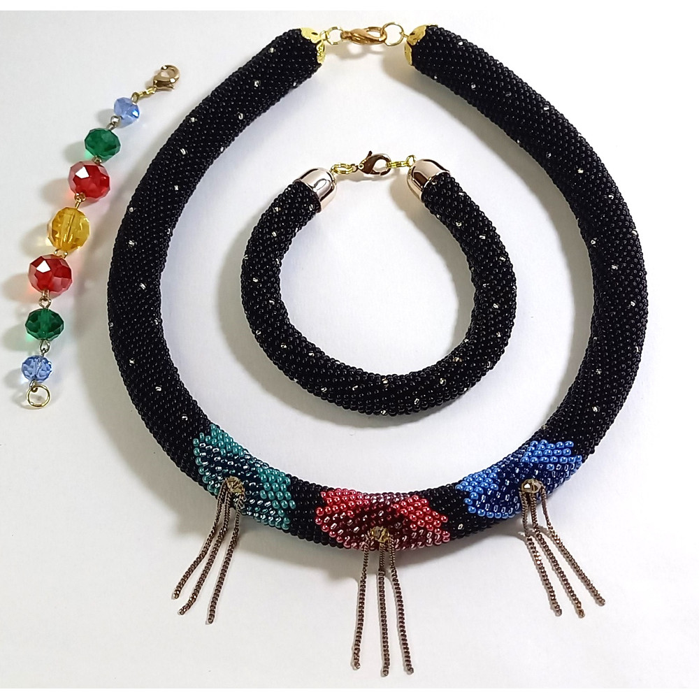 Bead Crochet Rope Patterns 3Flowers Necklace Bracelet Slip Or SingleDoubleEuro CrochetTight Mesh Instant Download 7