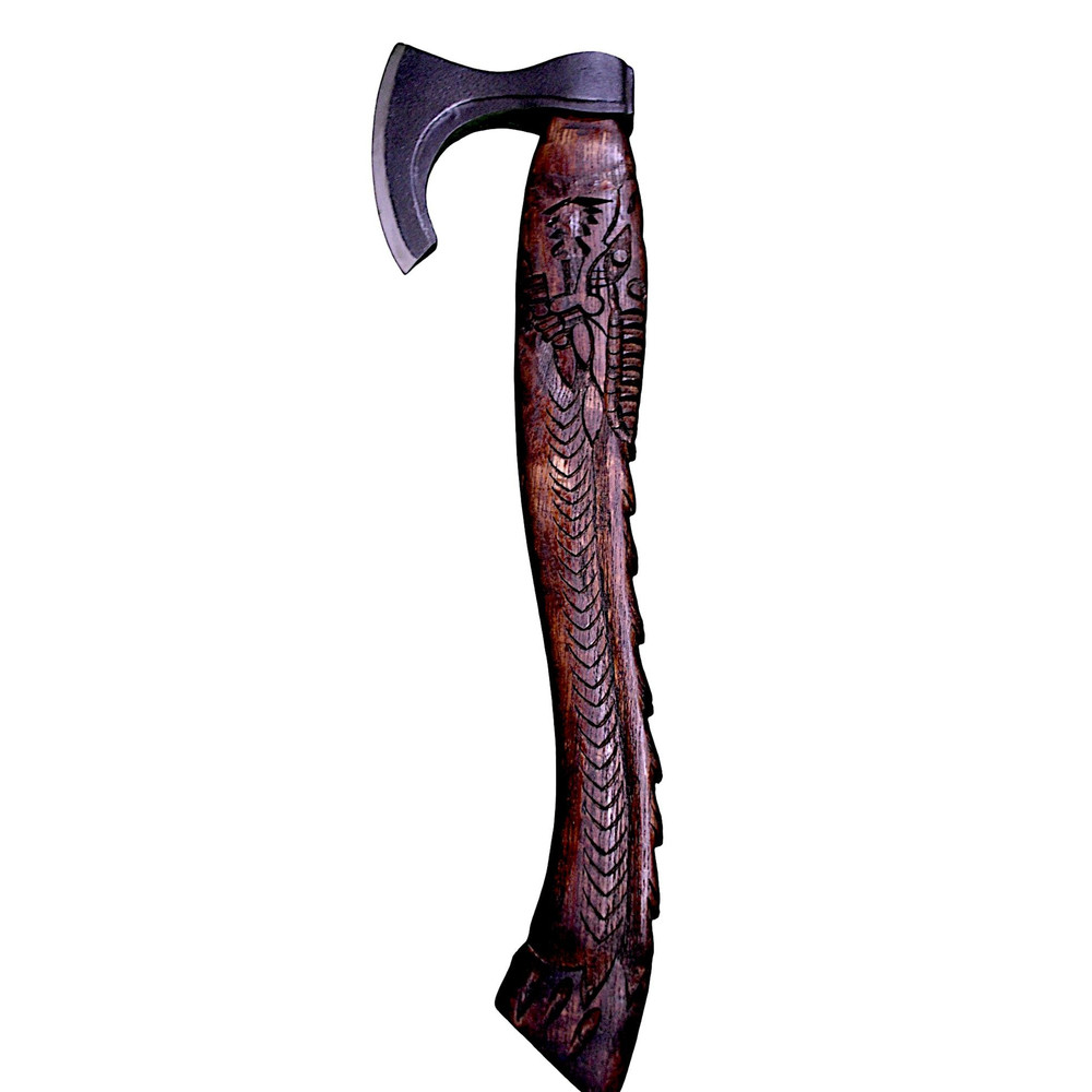 Gift For Him Handcrafted SnakeHead Viking Axe Engraved Stainless Steel Blade Carved Wooden Handle 0