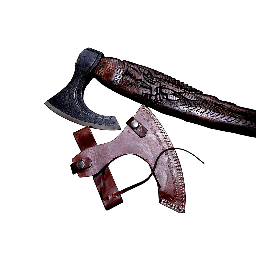 Gift For Him Handcrafted SnakeHead Viking Axe Engraved Stainless Steel Blade Carved Wooden Handle 1