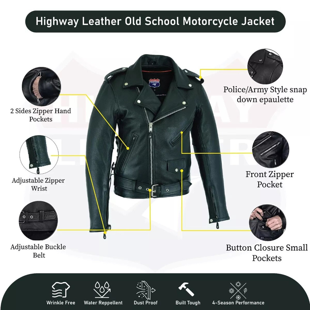 Men Old School Police Style Motorcycle Leather Jacket 2 Ammo Pocket 6XL 3