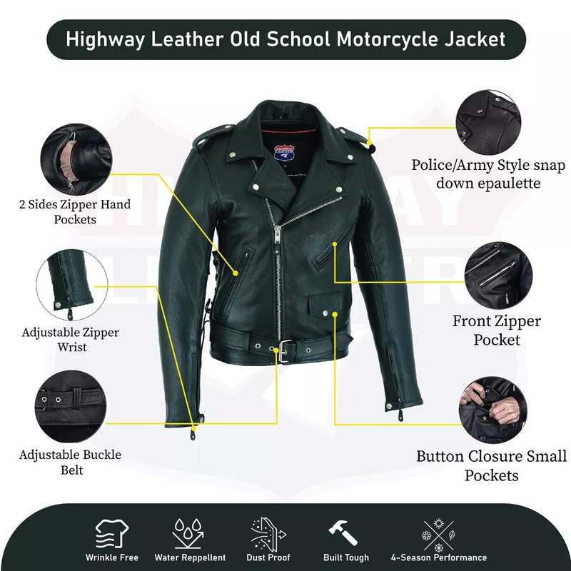 Men Old School Police Style Motorcycle Leather Jacket 2 Ammo Pocket 6XL 3