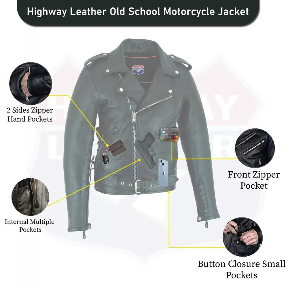Men Old School Police Style Motorcycle Leather Jacket 2 Ammo Pocket 6XL 5