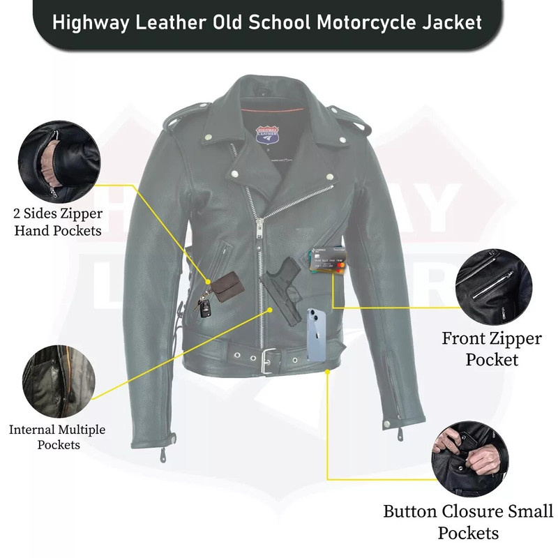 Men Old School Police Style Motorcycle Leather Jacket 2 Ammo Pocket 6XL 5