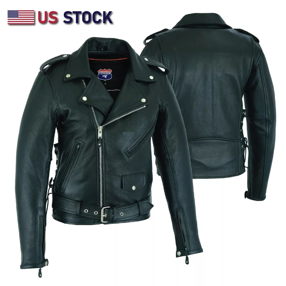 Men Old School Police Style Motorcycle Leather Jacket 2 Ammo Pocket 6XL 6