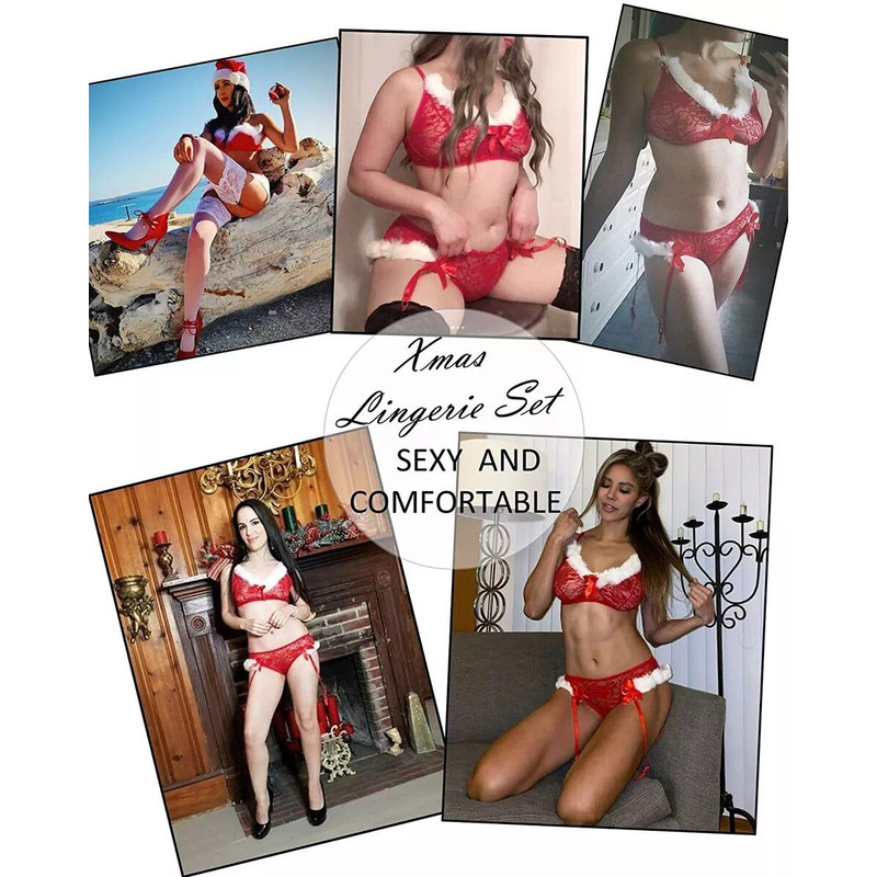 Women Christmas Lingerie Two Piece Santa Bra And Panty With Garter Belt Set Gift M 1
