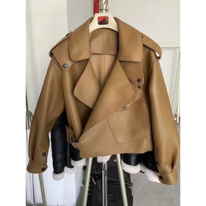 Women Real Sheepskin Real Leather Dark Beige Jacket High Quality Fashion Dark Beige Jacket Lady Mod 0