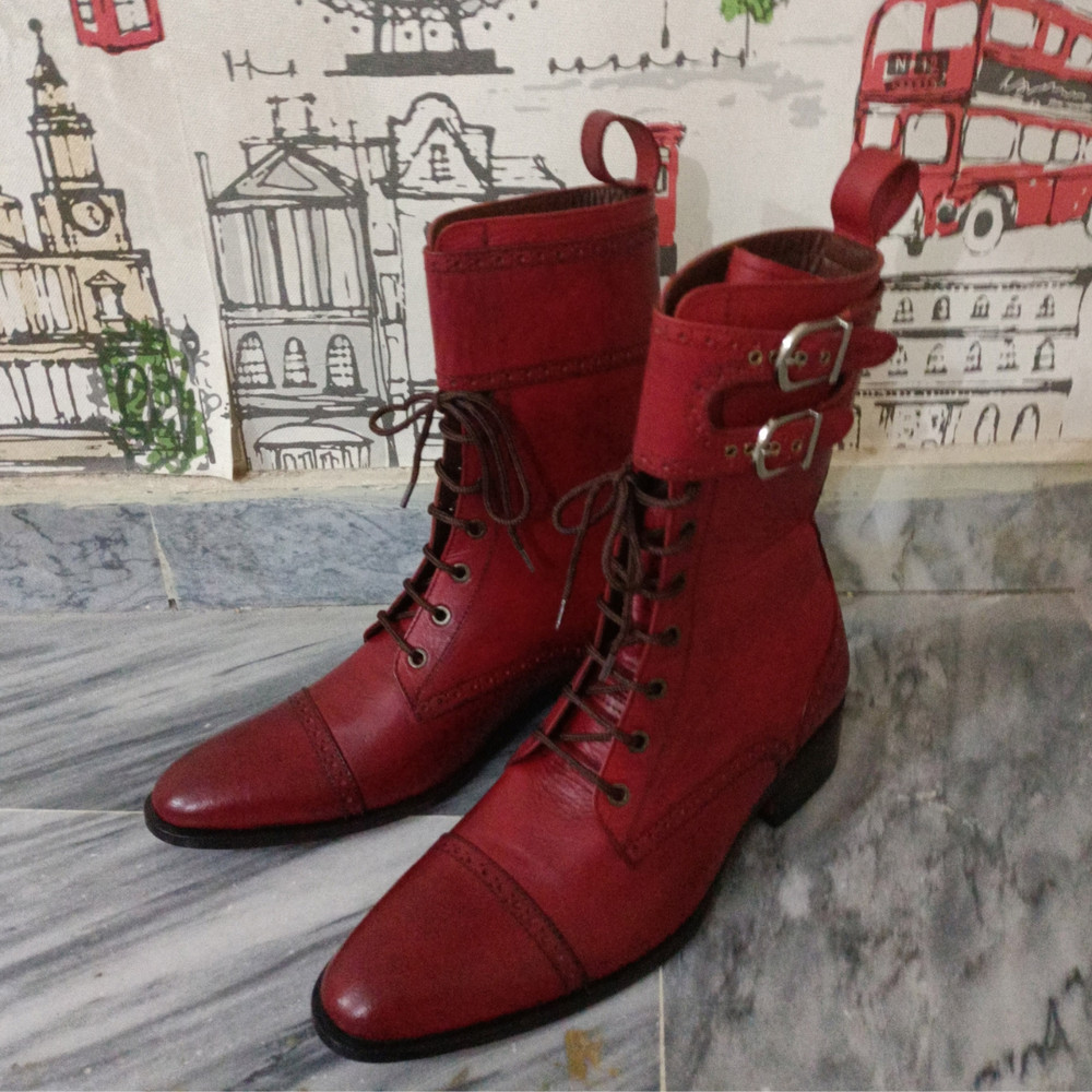 Handmade Burgundy Color Genuine Leather Stylish Buckle Strap Cap Toe Lace Up High Ankle Boots 0
