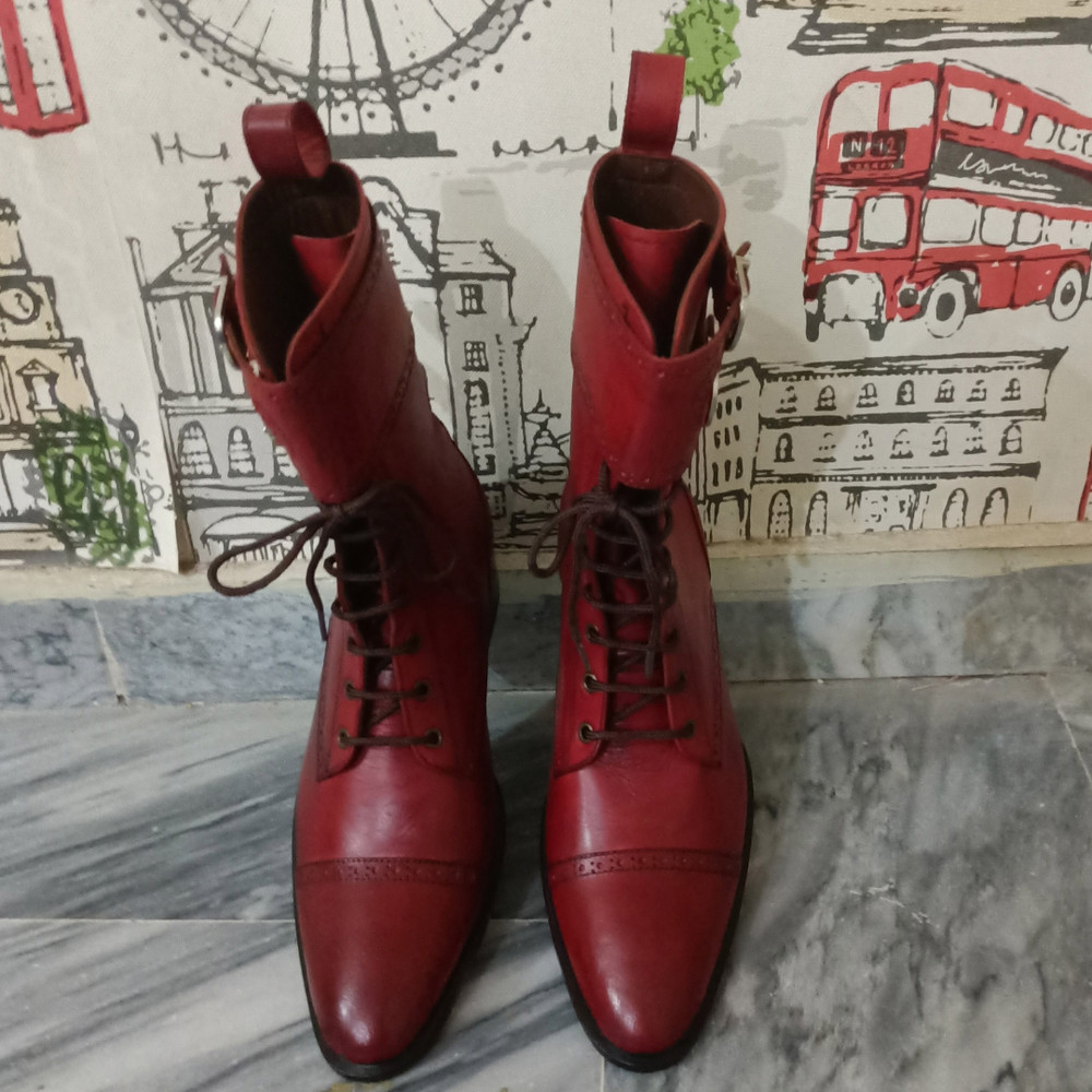 Handmade Burgundy Color Genuine Leather Stylish Buckle Strap Cap Toe Lace Up High Ankle Boots 1