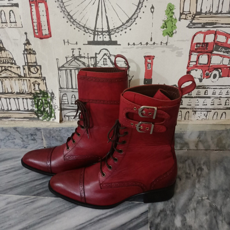 Handmade Burgundy Color Genuine Leather Stylish Buckle Strap Cap Toe Lace Up High Ankle Boots 2