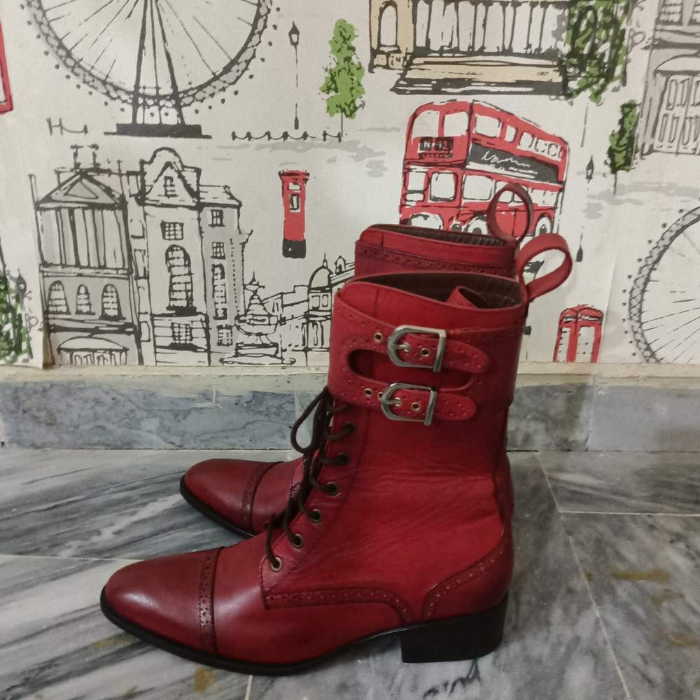 Handmade Burgundy Color Genuine Leather Stylish Buckle Strap Cap Toe Lace Up High Ankle Boots 5