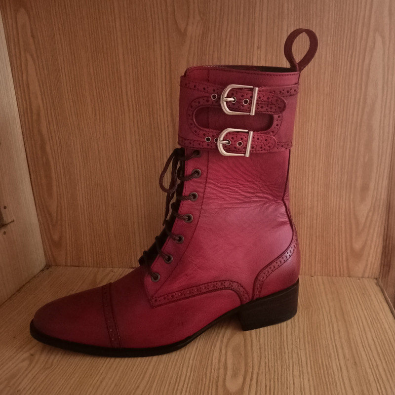 Handmade Burgundy Color Genuine Leather Stylish Buckle Strap Cap Toe Lace Up High Ankle Boots 7