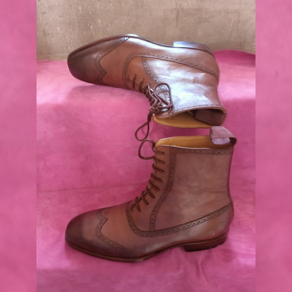 Handmade Chocolate Brown Color Genuine Leather Stylish Wing Tip Lace Up High Ankle Boots 5