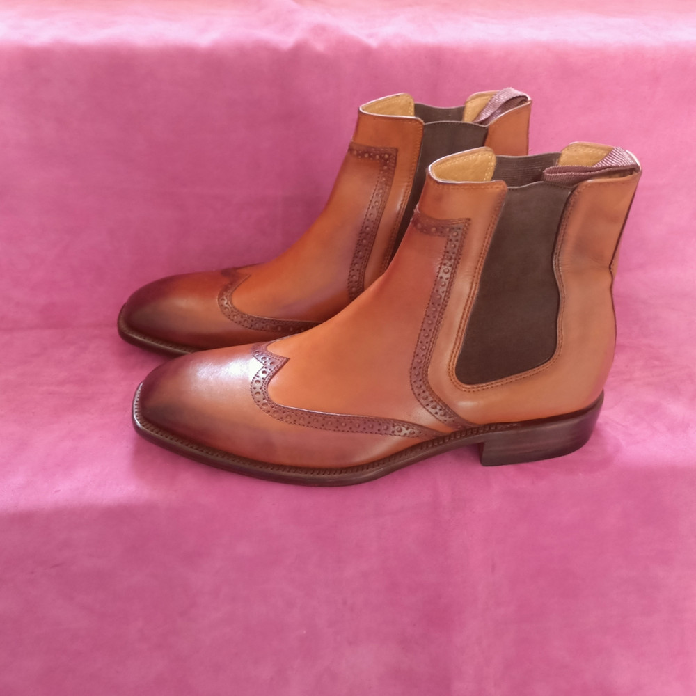 Handmade Tan Brown Color Genuine Leather Stylish Wing Tip High Ankle Chelsea Boots 0