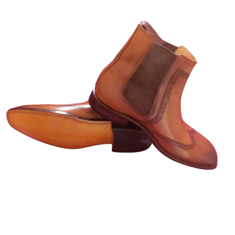 Handmade Tan Brown Color Genuine Leather Stylish Wing Tip High Ankle Chelsea Boots 1