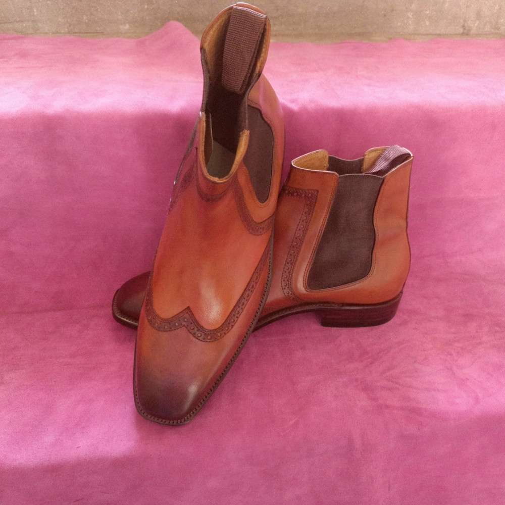 Handmade Tan Brown Color Genuine Leather Stylish Wing Tip High Ankle Chelsea Boots 2