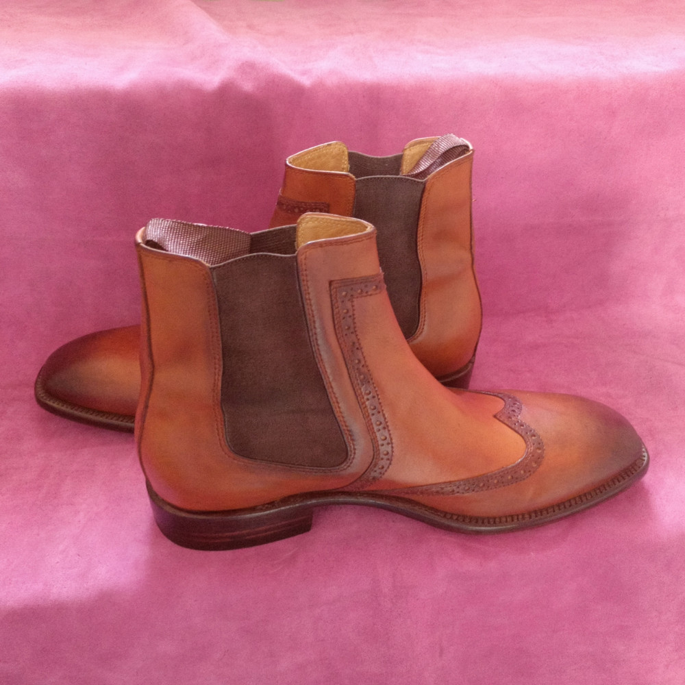 Handmade Tan Brown Color Genuine Leather Stylish Wing Tip High Ankle Chelsea Boots 3