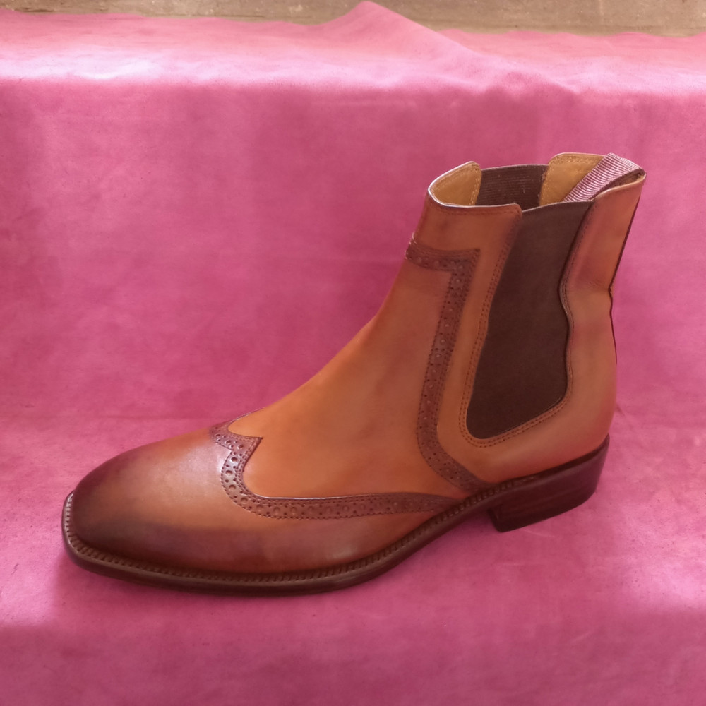 Handmade Tan Brown Color Genuine Leather Stylish Wing Tip High Ankle Chelsea Boots 4