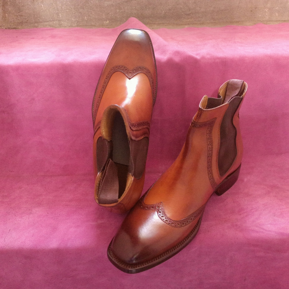 Handmade Tan Brown Color Genuine Leather Stylish Wing Tip High Ankle Chelsea Boots 5