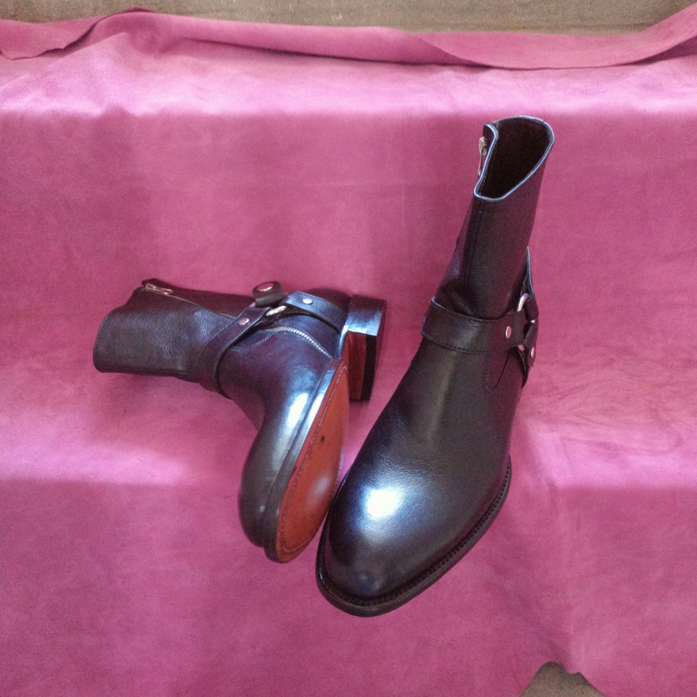 Handmade Black Color Genuine Leather Stylish Side Zipper High Ankle Rounded Strap Boots 2