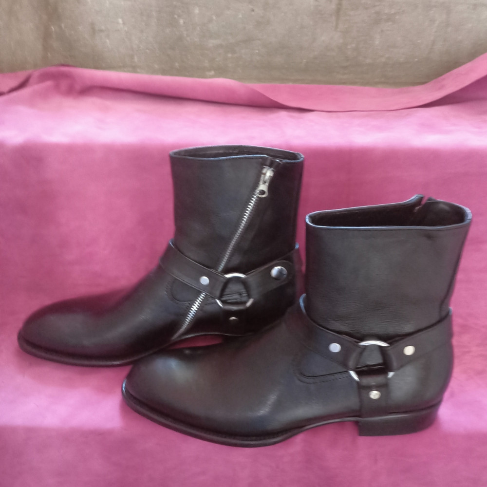 Handmade Black Color Genuine Leather Stylish Side Zipper High Ankle Rounded Strap Boots 3