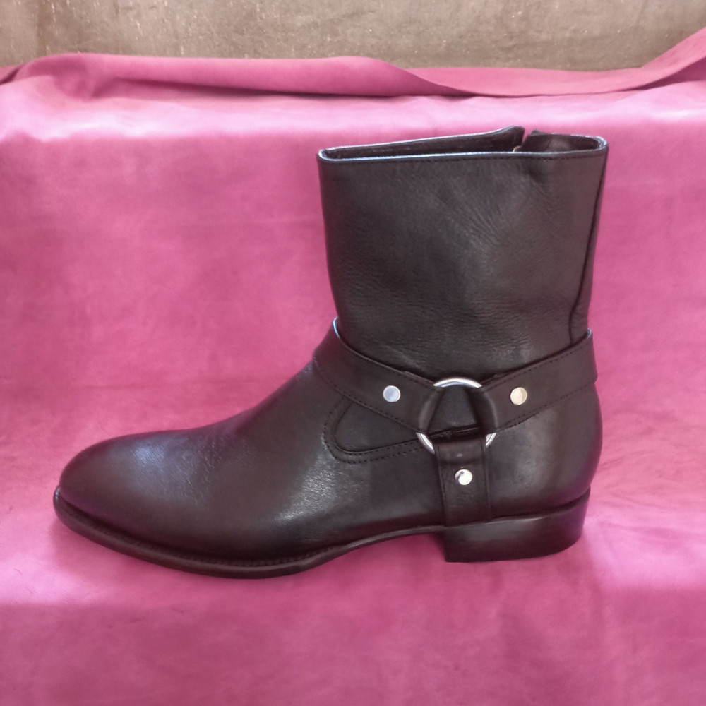 Handmade Black Color Genuine Leather Stylish Side Zipper High Ankle Rounded Strap Boots 6