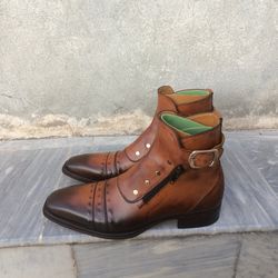 handmade brown color genuine leather stylish side zipper high ankle buckle strap cap toe boots