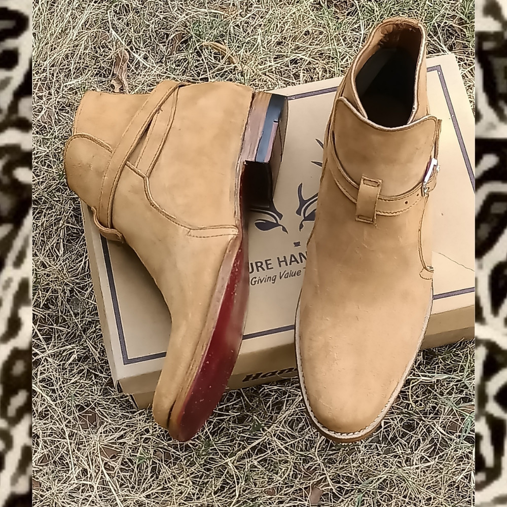 Handmade Camel Color Original Suede Stylish High Ankle Rouded Strap Jodhpurs Boots 1