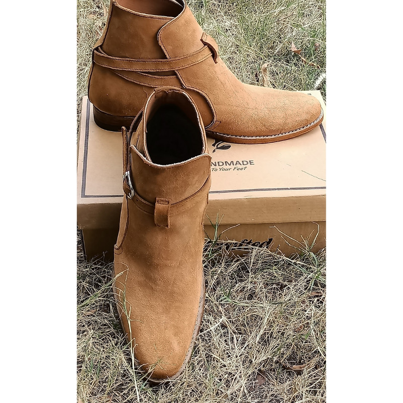 Handmade Camel Color Original Suede Stylish High Ankle Rouded Strap Jodhpurs Boots 3