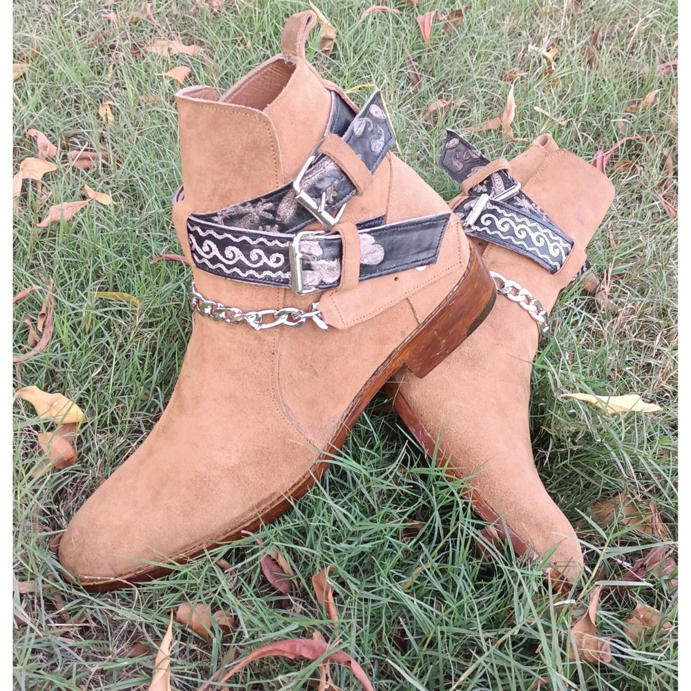 Handmade Camel Brown Color Original Suede Stylish High Ankle Rounded Embroided Strap With Steel Chain Jodhpurs Boots 0