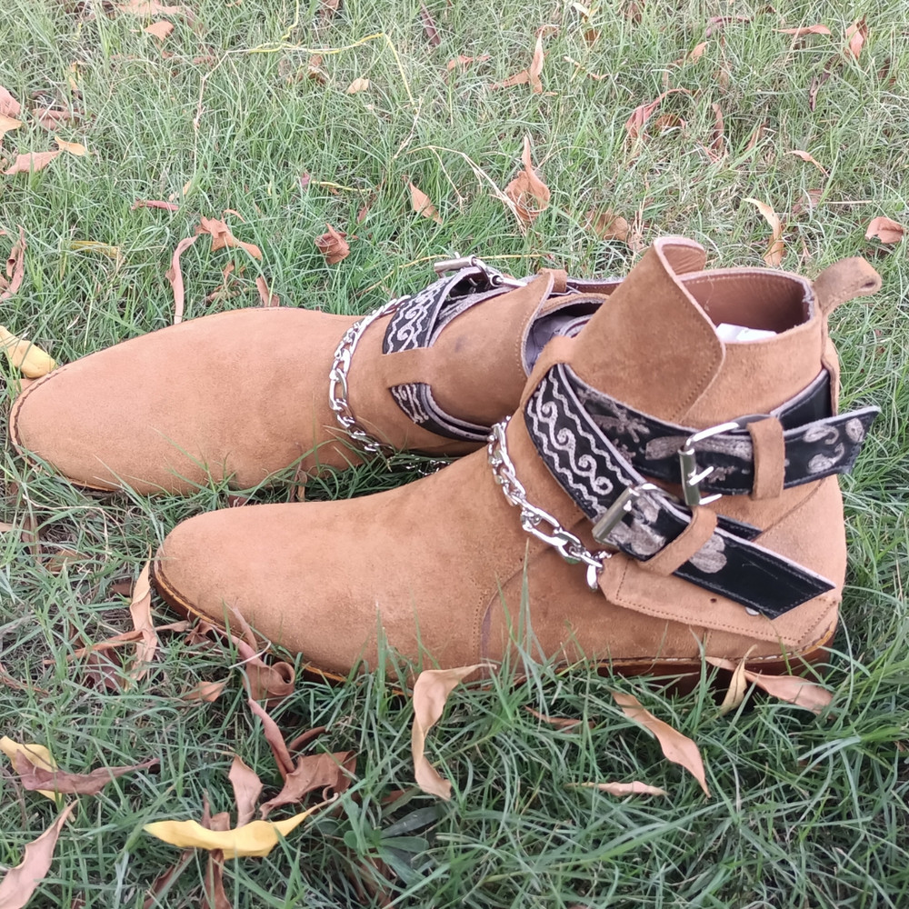 Handmade Camel Brown Color Original Suede Stylish High Ankle Rounded Embroided Strap With Steel Chain Jodhpurs Boots 1