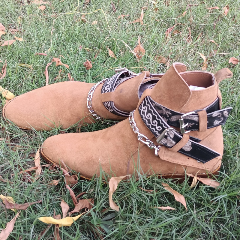 Handmade Camel Brown Color Original Suede Stylish High Ankle Rounded Embroided Strap With Steel Chain Jodhpurs Boots 1