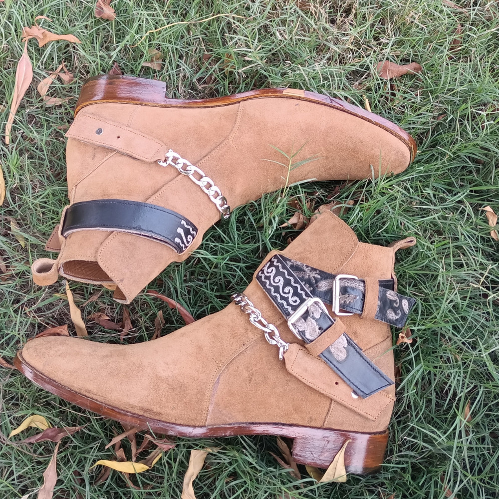 Handmade Camel Brown Color Original Suede Stylish High Ankle Rounded Embroided Strap With Steel Chain Jodhpurs Boots 2