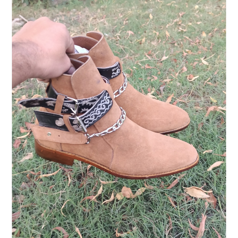 Handmade Camel Brown Color Original Suede Stylish High Ankle Rounded Embroided Strap With Steel Chain Jodhpurs Boots 3
