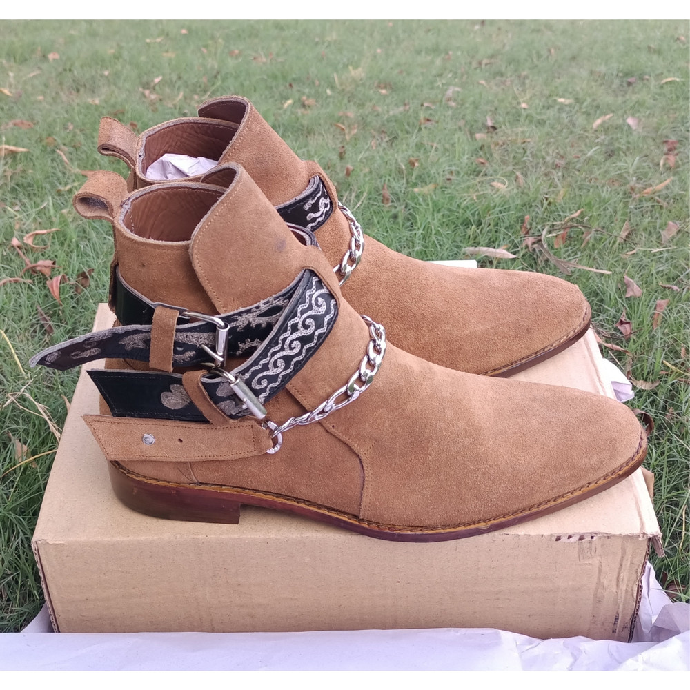 Handmade Camel Brown Color Original Suede Stylish High Ankle Rounded Embroided Strap With Steel Chain Jodhpurs Boots 4