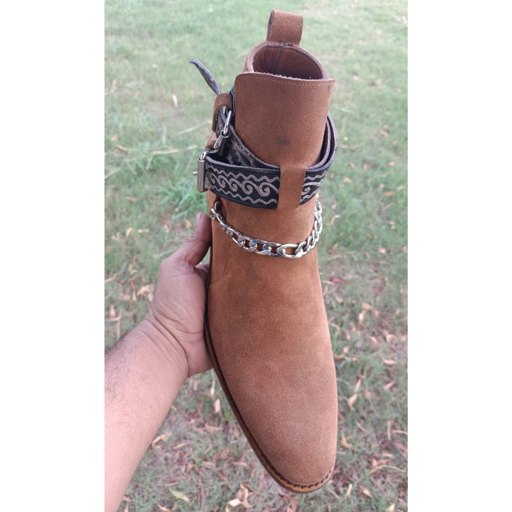 Handmade Camel Brown Color Original Suede Stylish High Ankle Rounded Embroided Strap With Steel Chain Jodhpurs Boots 5
