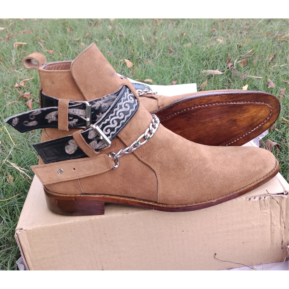 Handmade Camel Brown Color Original Suede Stylish High Ankle Rounded Embroided Strap With Steel Chain Jodhpurs Boots 6