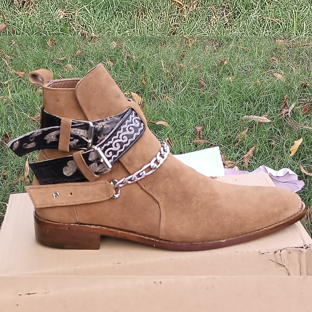 Handmade Camel Brown Color Original Suede Stylish High Ankle Rounded Embroided Strap With Steel Chain Jodhpurs Boots 7