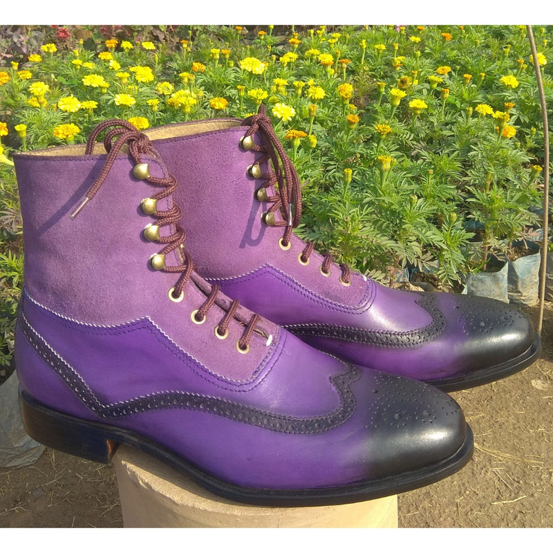 Handmade Purple Color Genuine Leather  Suede Stylish Lace Up Hand Painted Wing Tip Brogues Dress Boots 0