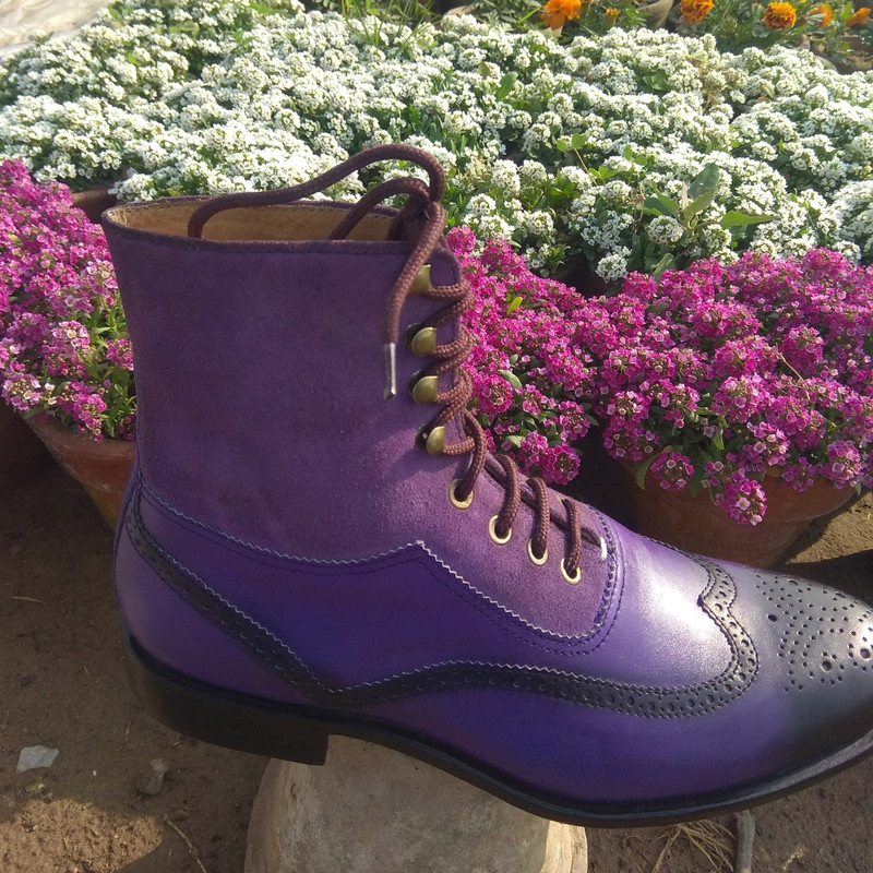 Handmade Purple Color Genuine Leather  Suede Stylish Lace Up Hand Painted Wing Tip Brogues Dress Boots 1