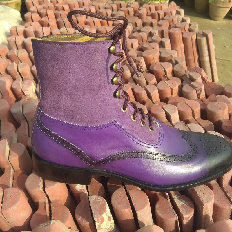 Handmade Purple Color Genuine Leather  Suede Stylish Lace Up Hand Painted Wing Tip Brogues Dress Boots 2