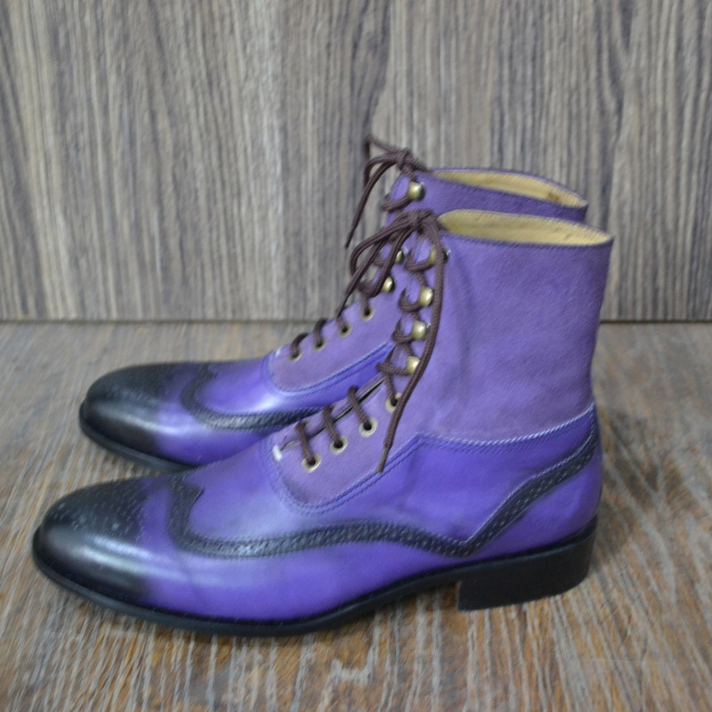 Handmade Purple Color Genuine Leather  Suede Stylish Lace Up Hand Painted Wing Tip Brogues Dress Boots 3
