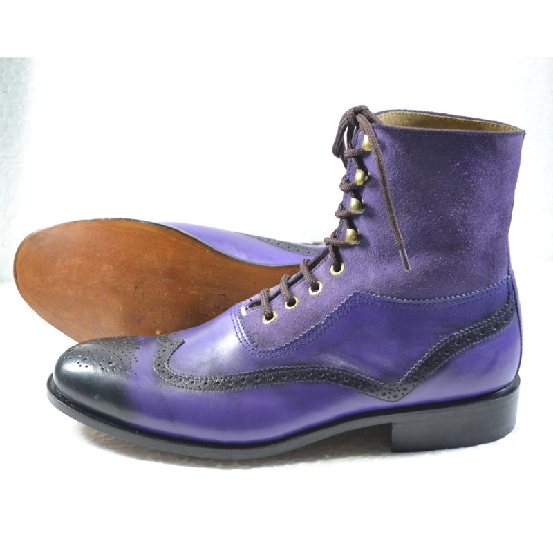 Handmade Purple Color Genuine Leather  Suede Stylish Lace Up Hand Painted Wing Tip Brogues Dress Boots 4