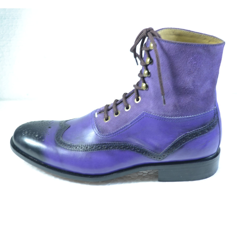 Handmade Purple Color Genuine Leather  Suede Stylish Lace Up Hand Painted Wing Tip Brogues Dress Boots 5