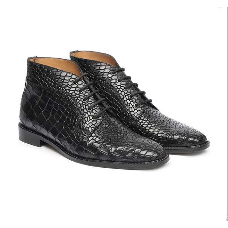 Handmade Black Color Genuine Crocodile Textured Leather Stylish Lace Up Chukka Dress Shoes 0